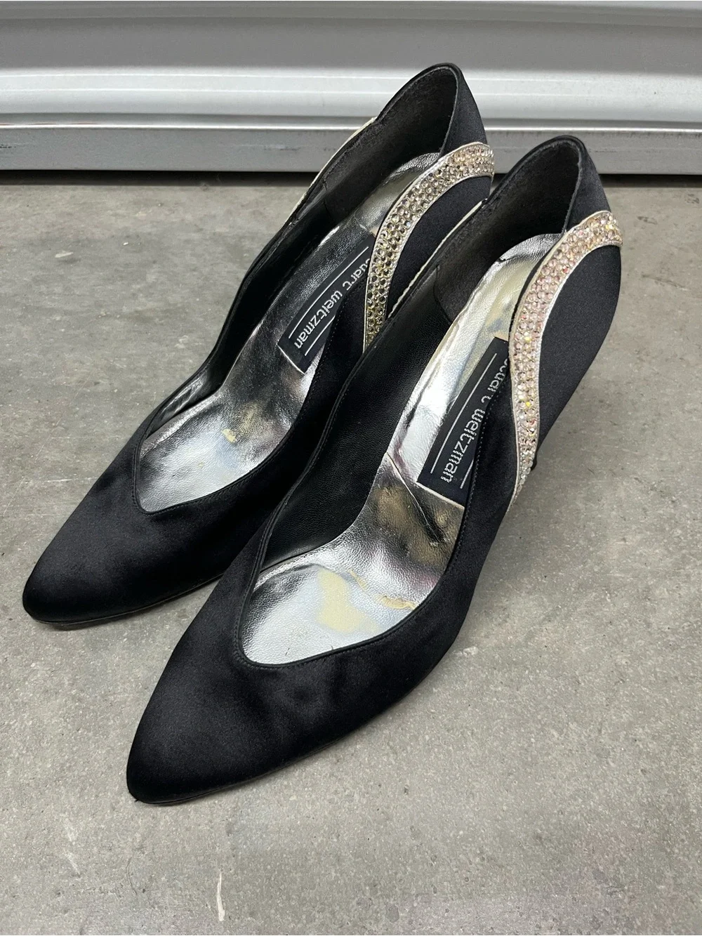 Stuart Weitzman Black Satin Pumps with Rhinestone Accent